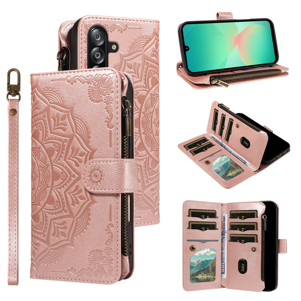 For Samsung Galaxy A18 5G / A17 5G / A17 4G / A26 5G / A16 5G / A16 4G Wallet Case 9 Card Slots RFID Blocking Mandala Embossed Leather Flip Cover with Wrist Strap - Rose Gold - 2