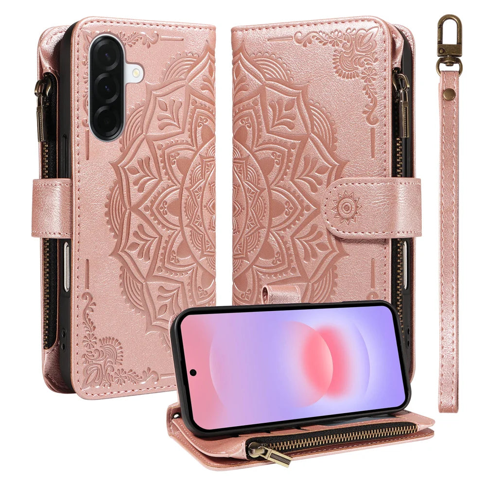 For Samsung Galaxy A57 5G Wallet Case 9 Card Slots RFID Blocking Mandala Embossed Leather Flip Cover with Wrist Strap - Rose Gold - 1