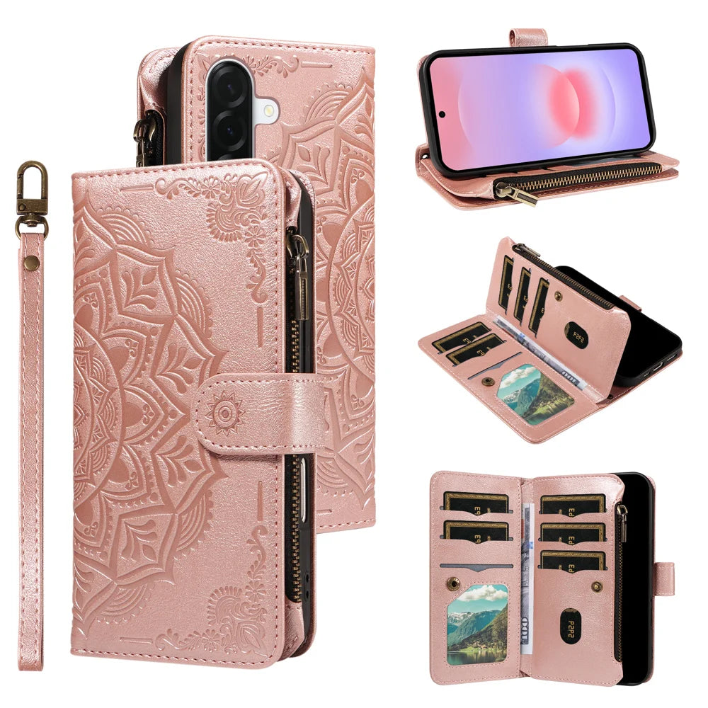 For Samsung Galaxy A57 5G Wallet Case 9 Card Slots RFID Blocking Mandala Embossed Leather Flip Cover with Wrist Strap - Rose Gold - 2