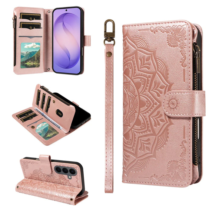 For Samsung Galaxy S26+ Wallet Case 9 Card Slots RFID Blocking Mandala Embossed Leather Flip Cover with Wrist Strap - Rose Gold - 2