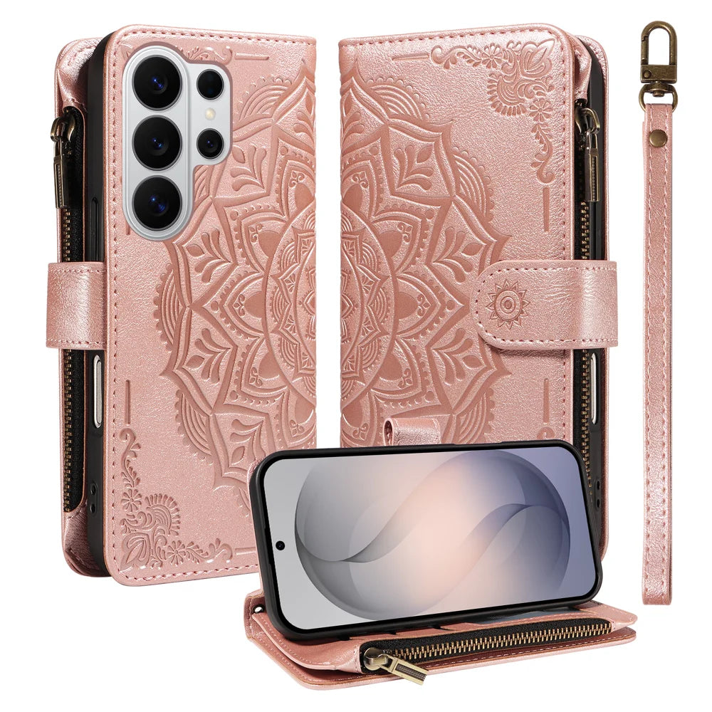 For Samsung Galaxy S26 Ultra Wallet Case 9 Card Slots RFID Blocking Mandala Embossed Leather Flip Cover with Wrist Strap - Rose Gold - 1