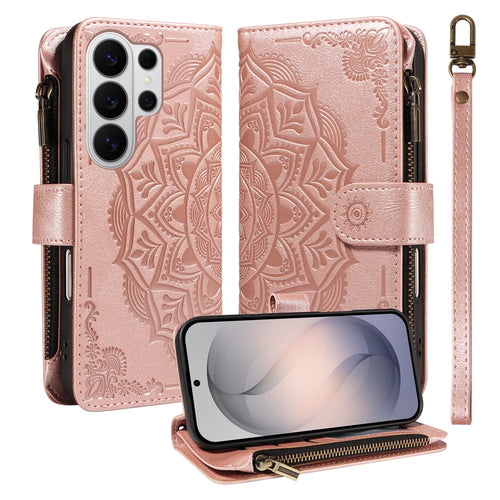 For Samsung Galaxy S26 Ultra Wallet Case 9 Card Slots RFID Blocking Mandala Embossed Leather Flip Cover with Wrist Strap - Rose Gold - 1