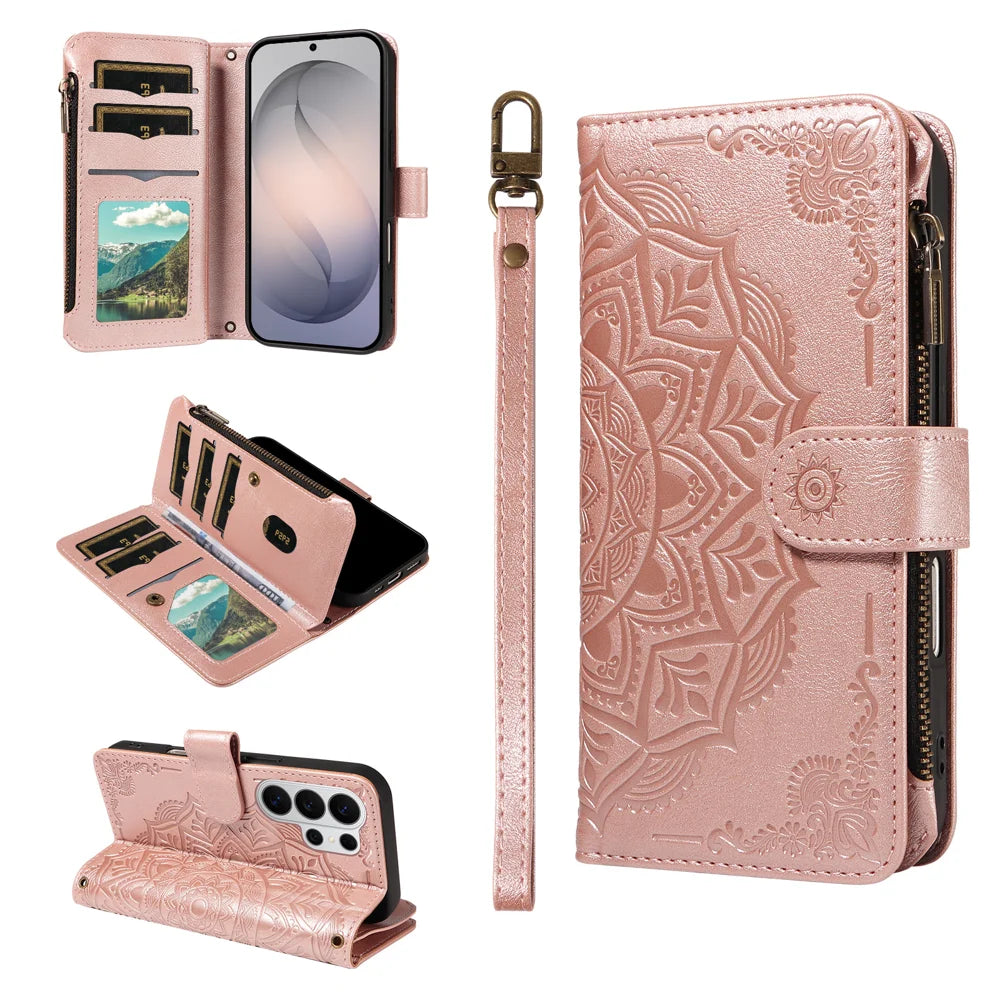 For Samsung Galaxy S26 Ultra Wallet Case 9 Card Slots RFID Blocking Mandala Embossed Leather Flip Cover with Wrist Strap - Rose Gold - 2