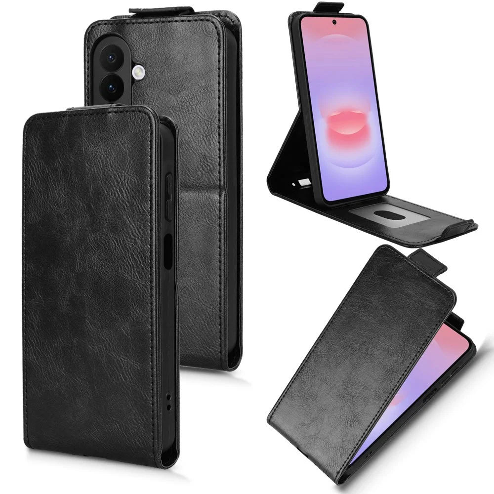 For Samsung Galaxy A27 5G Stand Case Magnetic Clasp Vertical Flip Leather Phone Cover with Card Holder - Black - 1