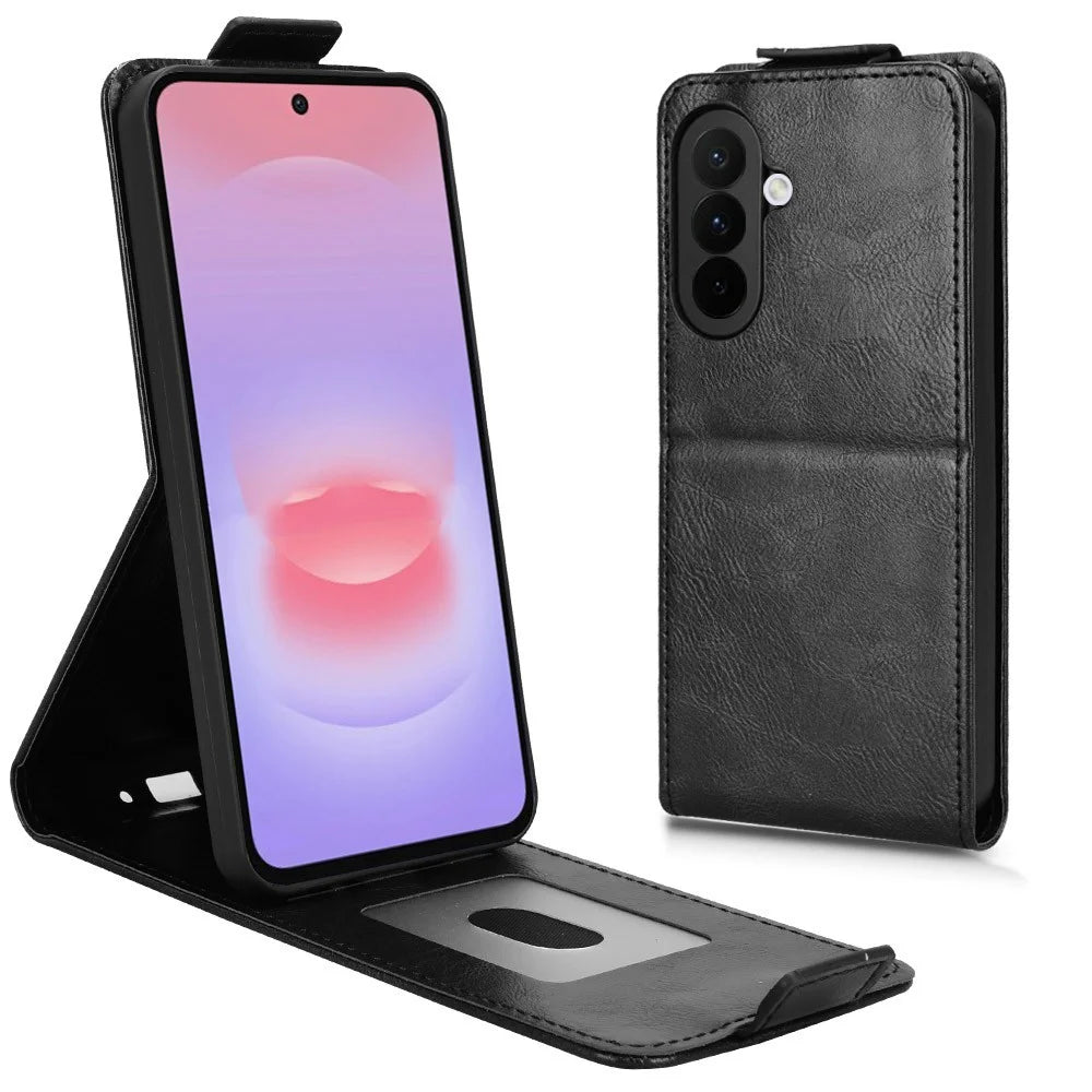 For Samsung Galaxy A27 5G Stand Case Magnetic Clasp Vertical Flip Leather Phone Cover with Card Holder - Black - 3