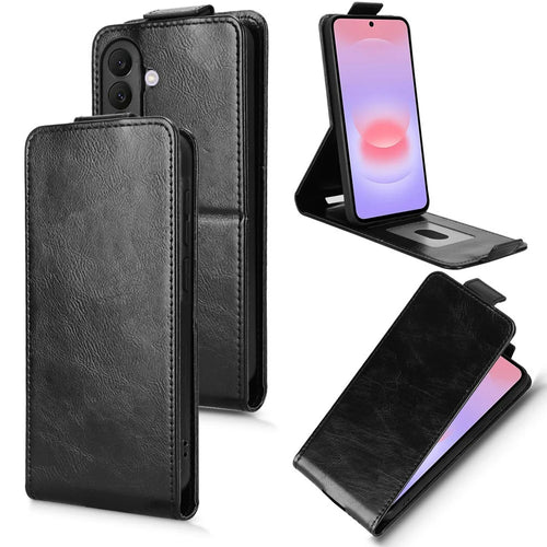 For Samsung Galaxy A37 5G Stand Case Magnetic Clasp Vertical Flip Leather Phone Cover with Card Holder - Black - 1
