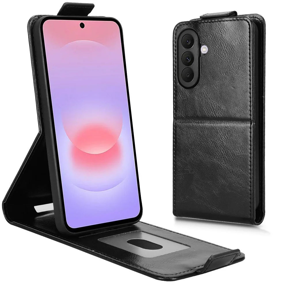 For Samsung Galaxy A37 5G Stand Case Magnetic Clasp Vertical Flip Leather Phone Cover with Card Holder - Black - 3