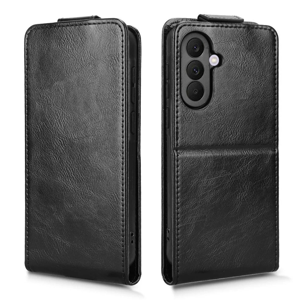For Samsung Galaxy A37 5G Stand Case Magnetic Clasp Vertical Flip Leather Phone Cover with Card Holder - Black - 6