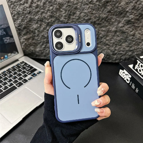 For iPhone 17 Pro Max Magnetic Case Compatible with MagSafe Skin-touch PC + TPU Cover with Lens Frame Kickstand - Blue - 1