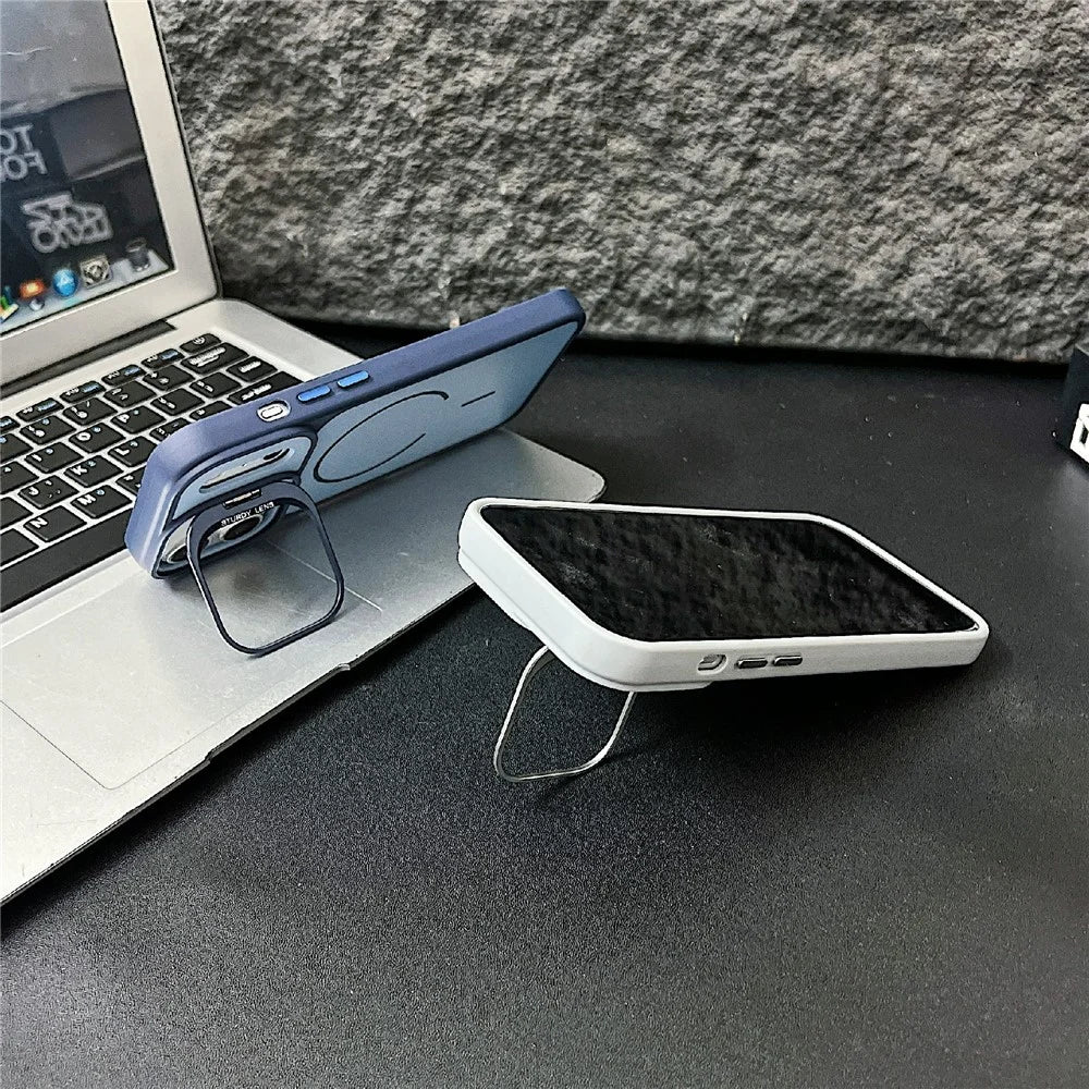 For iPhone 17 Pro Max Magnetic Case Compatible with MagSafe Skin-touch PC + TPU Cover with Lens Frame Kickstand - Blue - 2