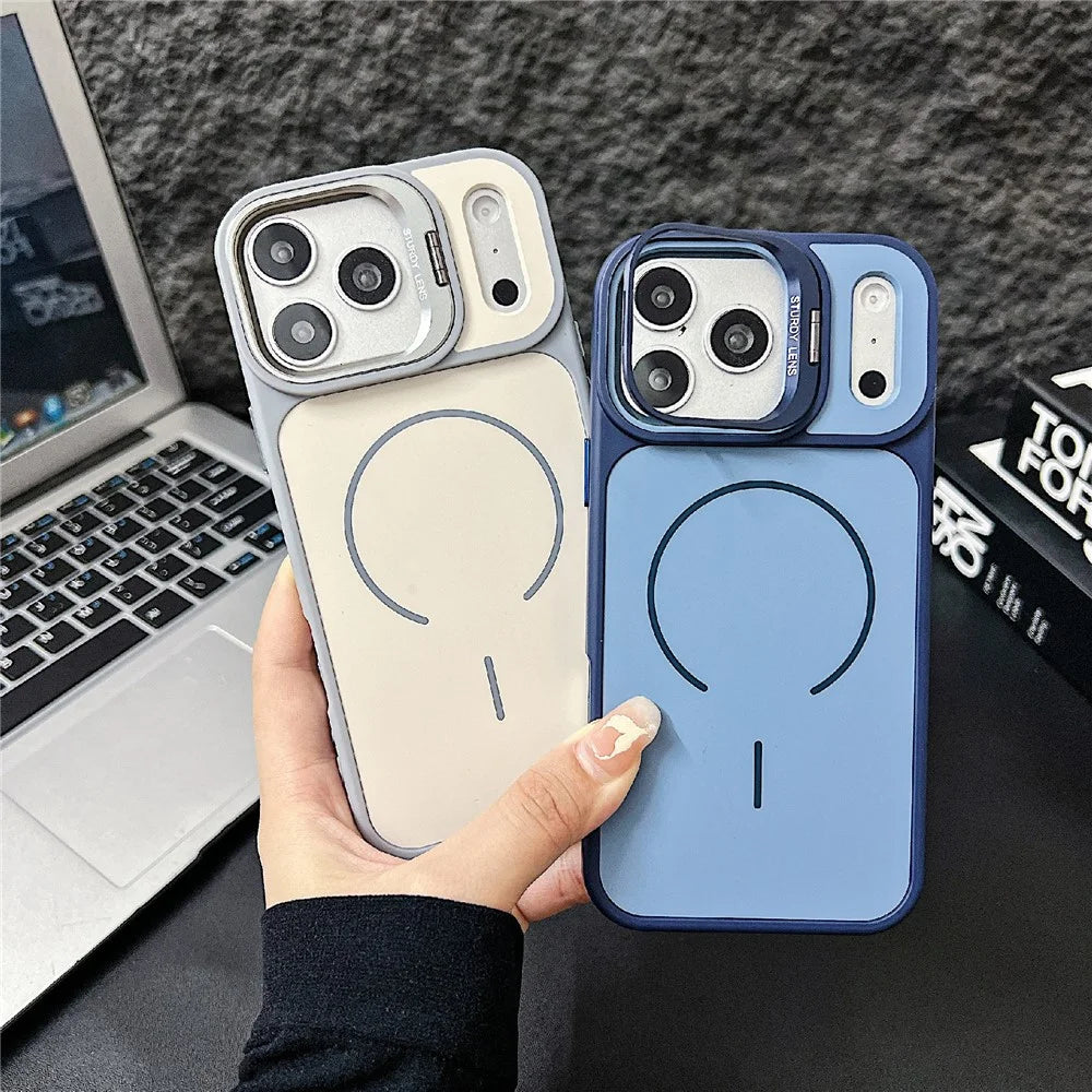 For iPhone 17 Pro Max Magnetic Case Compatible with MagSafe Skin-touch PC + TPU Cover with Lens Frame Kickstand - Blue - 4