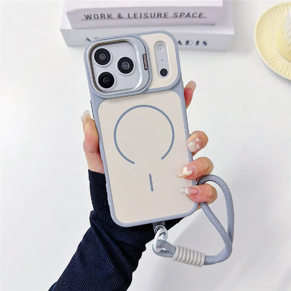 For iPhone 17 Pro Magnetic Case Lens Frame Kickstand Skin-touch PC + TPU Cover with Wrist Strap - Beige - 1