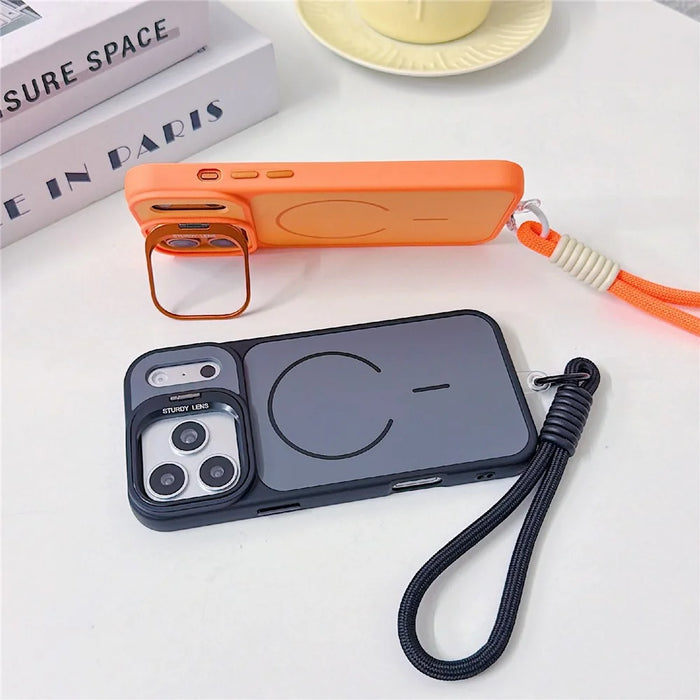 For iPhone 17 Pro Magnetic Case Lens Frame Kickstand Skin-touch PC + TPU Cover with Wrist Strap - Beige - 2