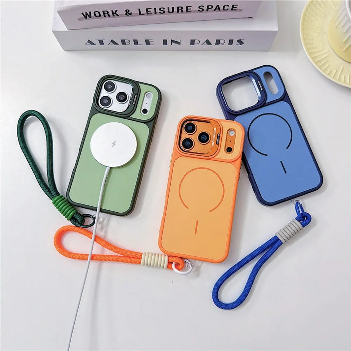 For iPhone 17 Pro Magnetic Case Lens Frame Kickstand Skin-touch PC + TPU Cover with Wrist Strap - Beige - 3