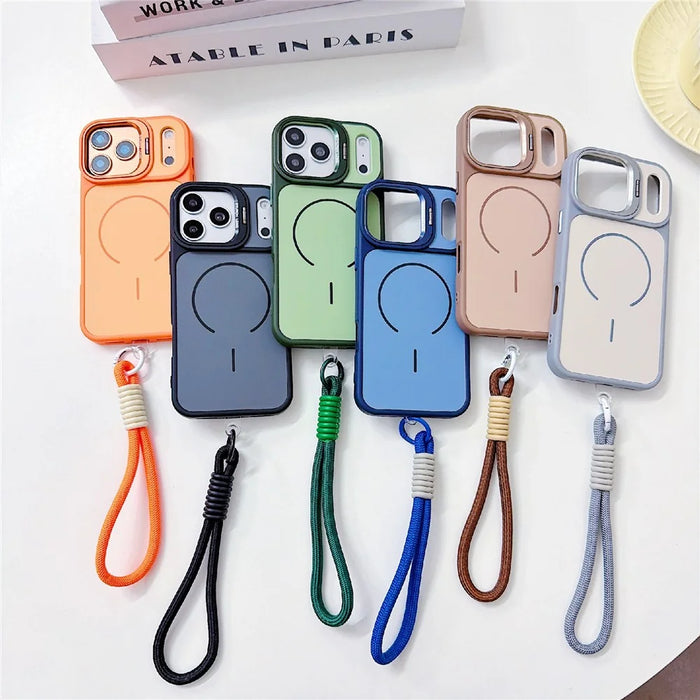 For iPhone 17 Pro Magnetic Case Lens Frame Kickstand Skin-touch PC + TPU Cover with Wrist Strap - Beige - 7