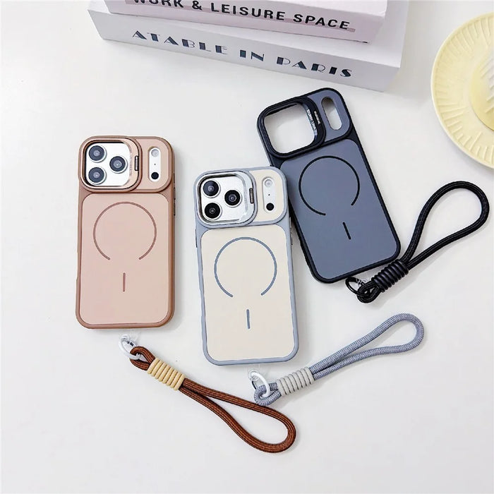 For iPhone 17 Pro Max Magnetic Case Lens Frame Kickstand Skin-touch PC + TPU Cover with Wrist Strap - Beige - 6