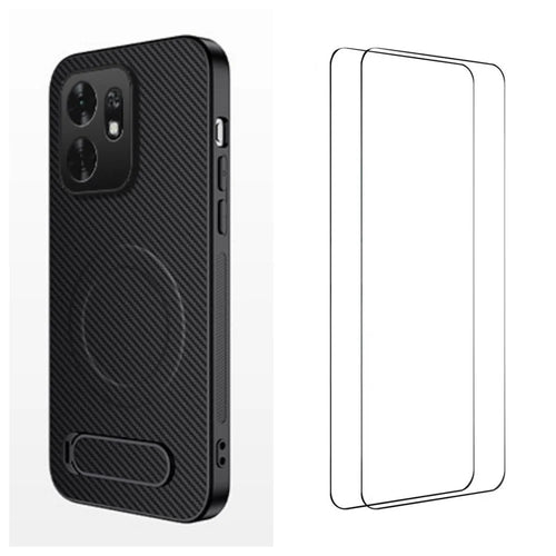 WANLONFENG for Honor X6d 5G QT1 Series Magnetic Case with 2Pcs Tempered Glass Films Kickstand Carbon Fiber Texture PC TPU Phone Cover - Black - 1