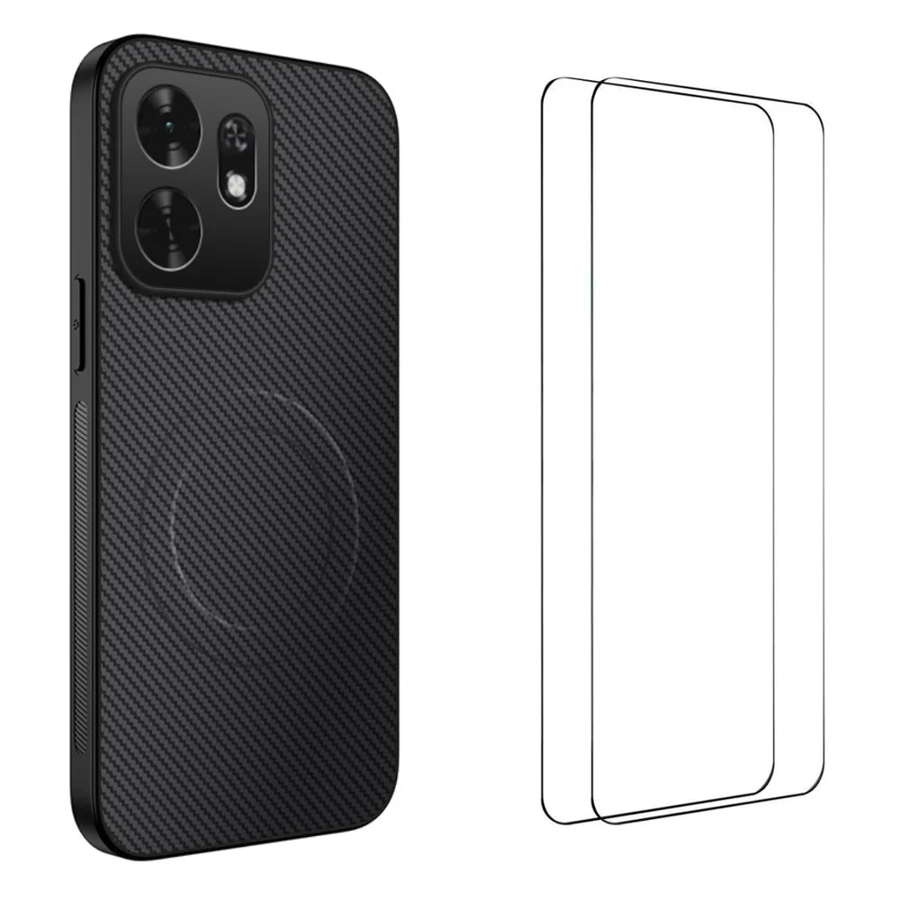 WANLONFENG for Honor X6d 5G TQ1 Series Magnetic Case Carbon Fiber Texture PC TPU Phone Cover with 2Pcs Screen Films - Black - 1