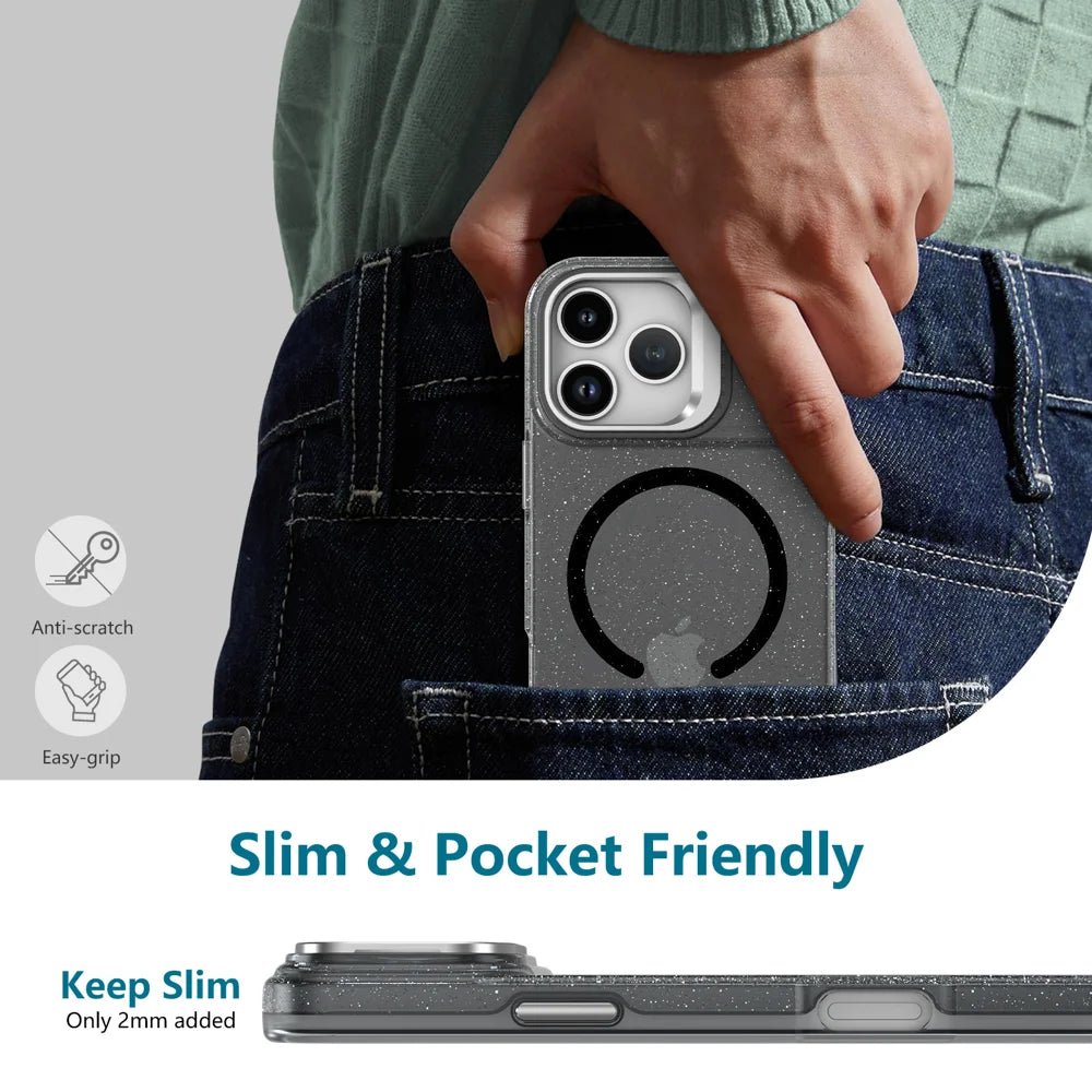 For iPhone 17 Pro Max Magnetic Case Shockproof TPU PC Glitter Phone Cover with Lens Frame Kickstand - Transparent Blue - 2