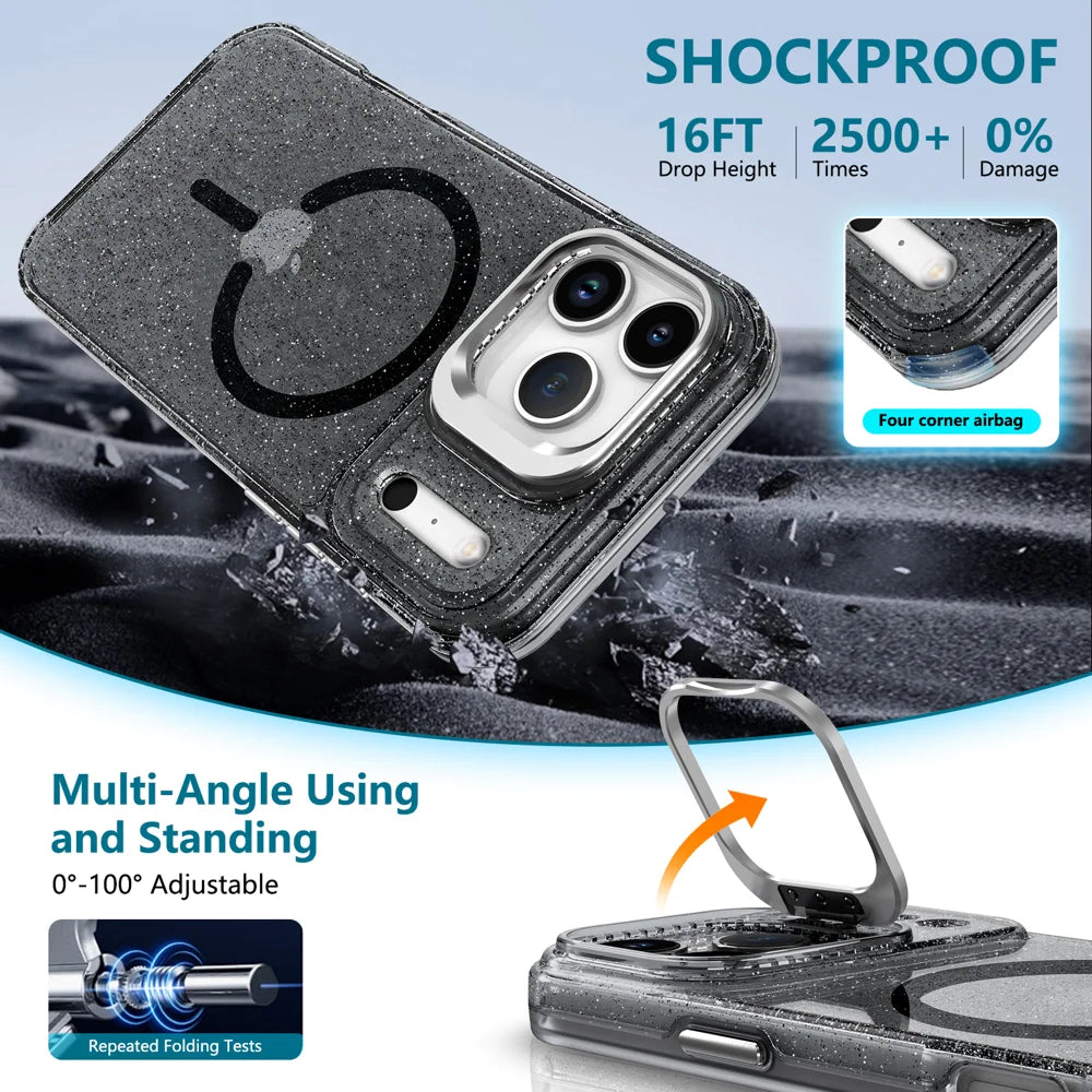 For iPhone 17 Pro Max Magnetic Case Shockproof TPU PC Glitter Phone Cover with Lens Frame Kickstand - Transparent Blue - 3