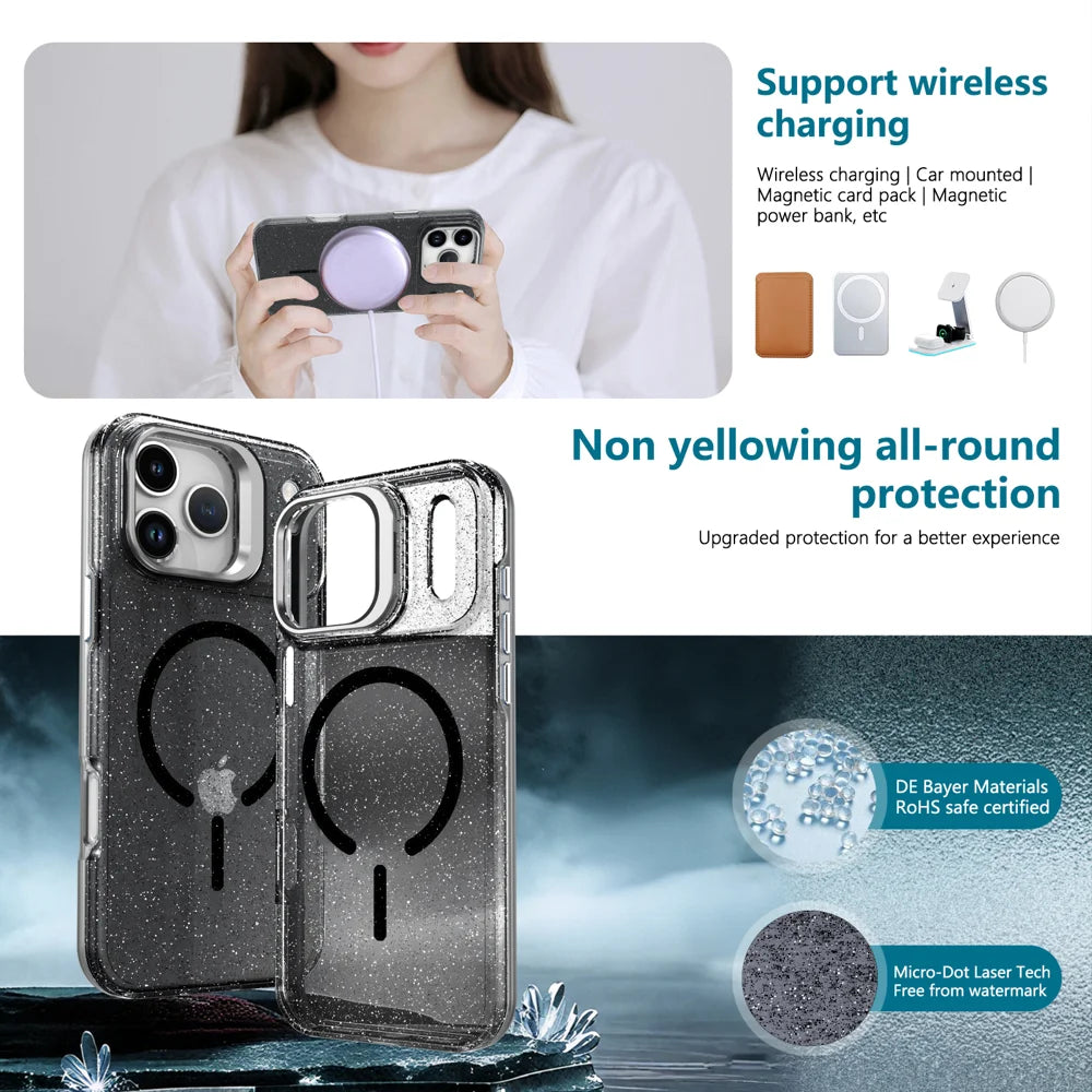 For iPhone 17 Pro Max Magnetic Case Shockproof TPU PC Glitter Phone Cover with Lens Frame Kickstand - Transparent Blue - 4