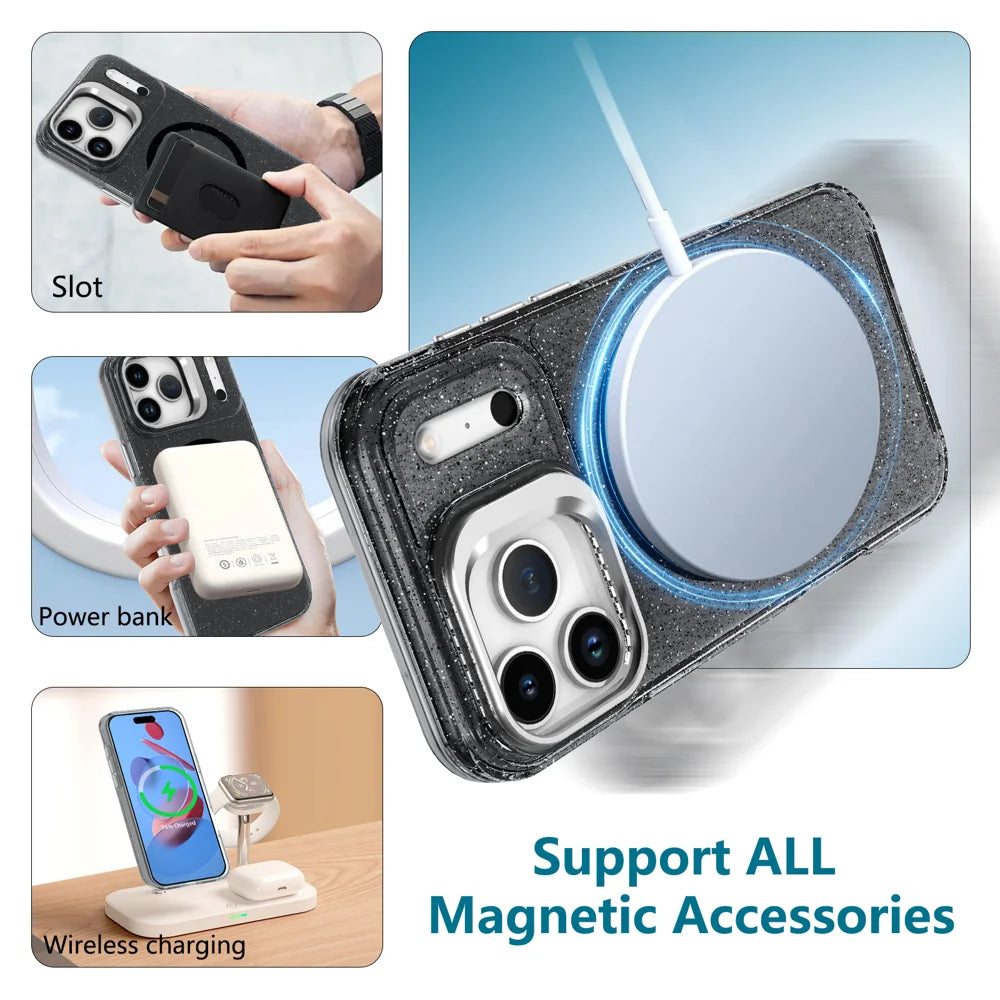 For iPhone 17 Pro Max Magnetic Case Shockproof TPU PC Glitter Phone Cover with Lens Frame Kickstand - Transparent Blue - 6