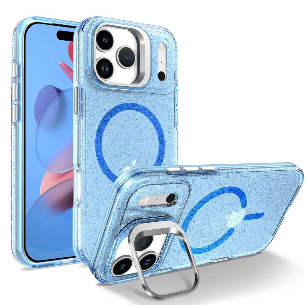 For iPhone 17 Pro Magnetic Case Shockproof TPU PC Glitter Phone Cover with Lens Frame Kickstand - Transparent Blue - 1