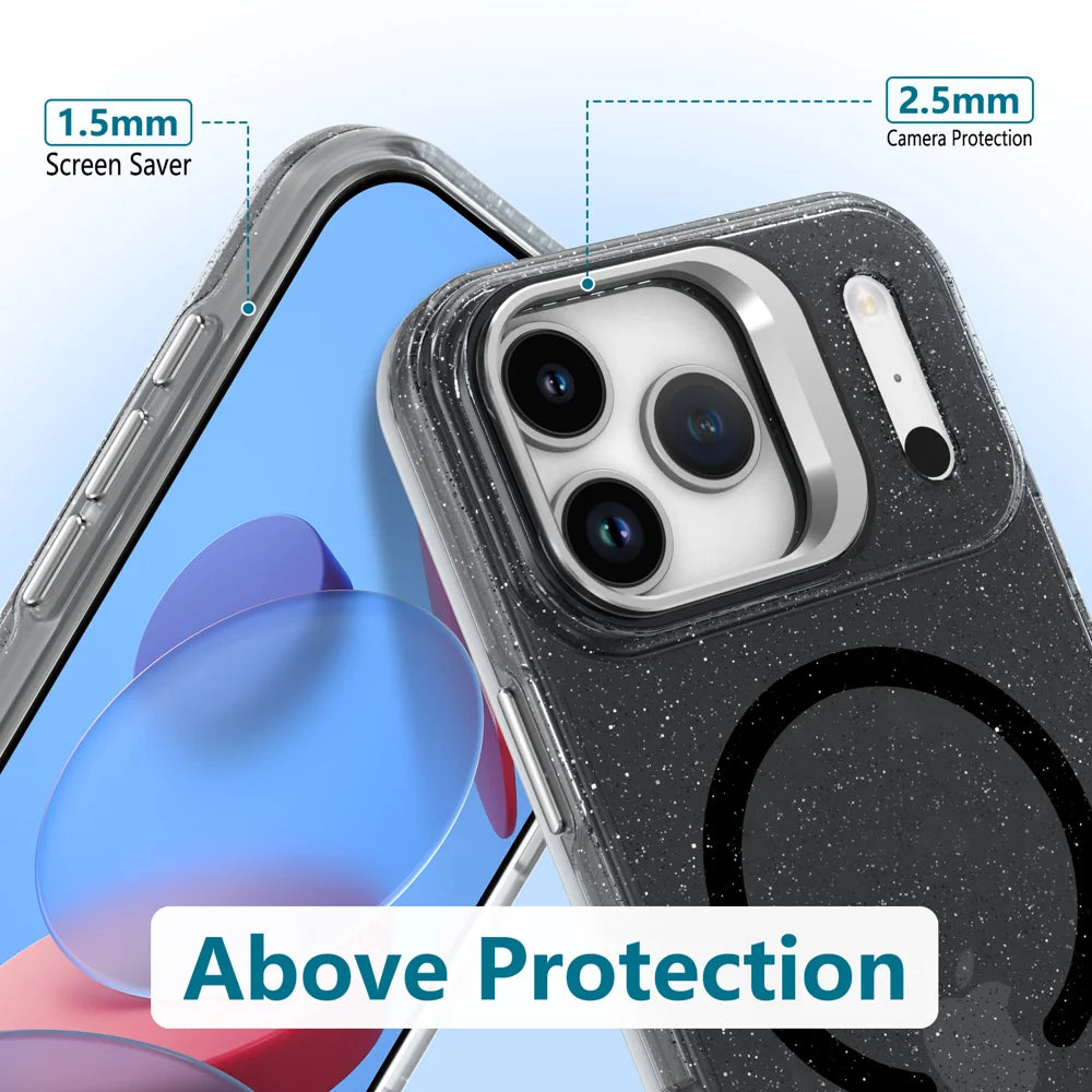 For iPhone 17 Pro Magnetic Case Shockproof TPU PC Glitter Phone Cover with Lens Frame Kickstand - Transparent Blue - 4