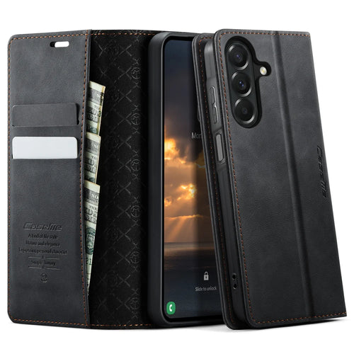 CASEME for Samsung Galaxy A27 5G Case  033 Series RFID Blocking Wallet Stand Calf Texture Leather Phone Cover - Black - 1