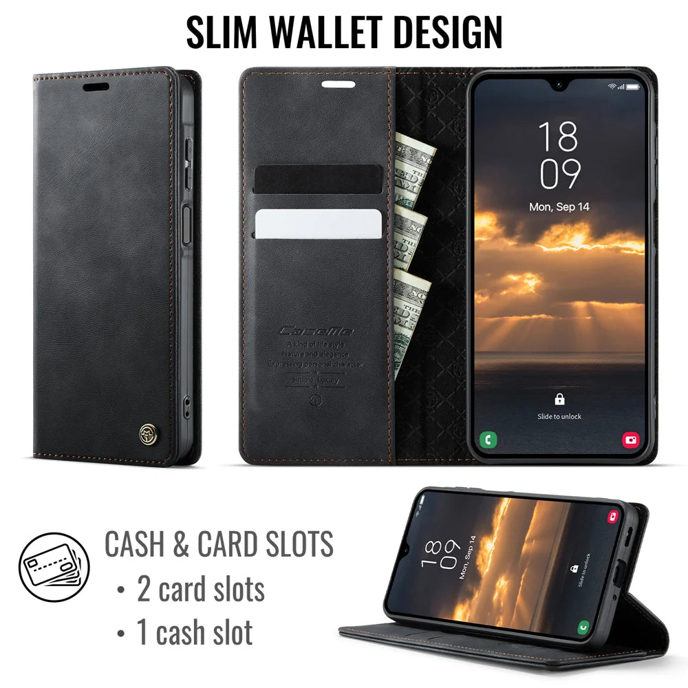 CASEME for Samsung Galaxy A27 5G Case  033 Series RFID Blocking Wallet Stand Calf Texture Leather Phone Cover - Black - 2