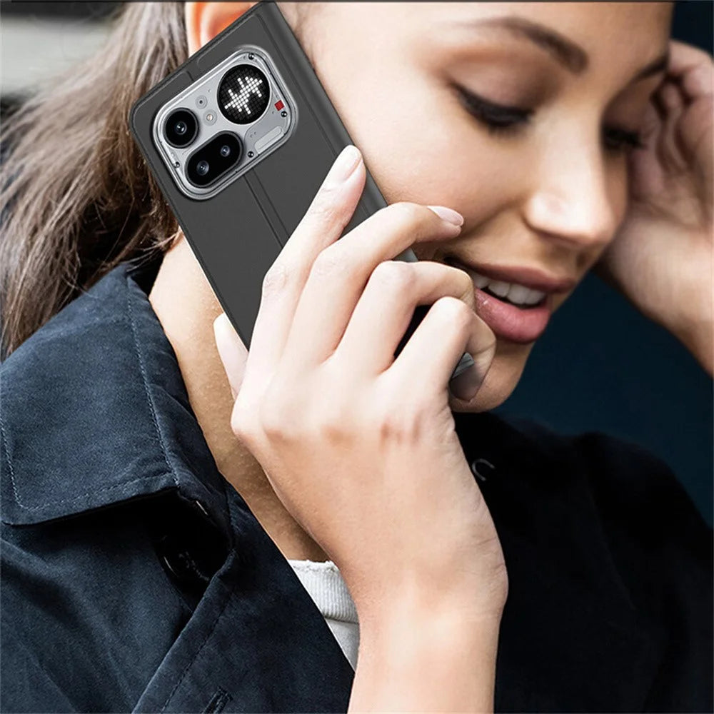 For Nothing Phone (4a) Pro Case PU Leather Phone Cover with Card Holder Stand - Black - 6