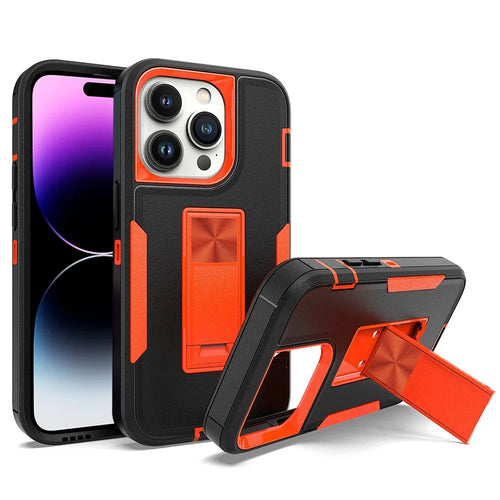 For iPhone 14 Pro Max Shockproof Kickstand Case TPU + PC Dual Layer Anti-Slip Defender Protective Phone Cover - Black / Orange - 1
