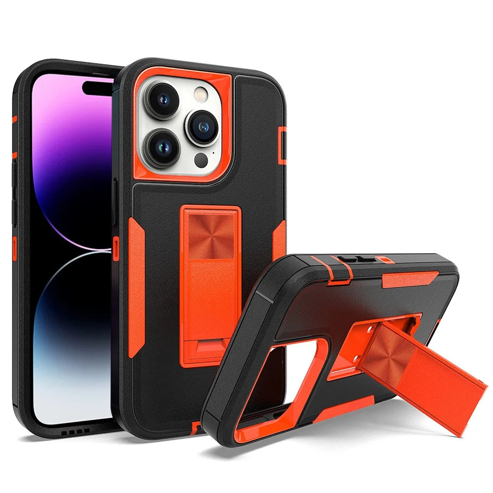For iPhone 14 Pro Max Shockproof Kickstand Case TPU + PC Dual Layer Anti-Slip Defender Protective Phone Cover - Black / Orange - 1