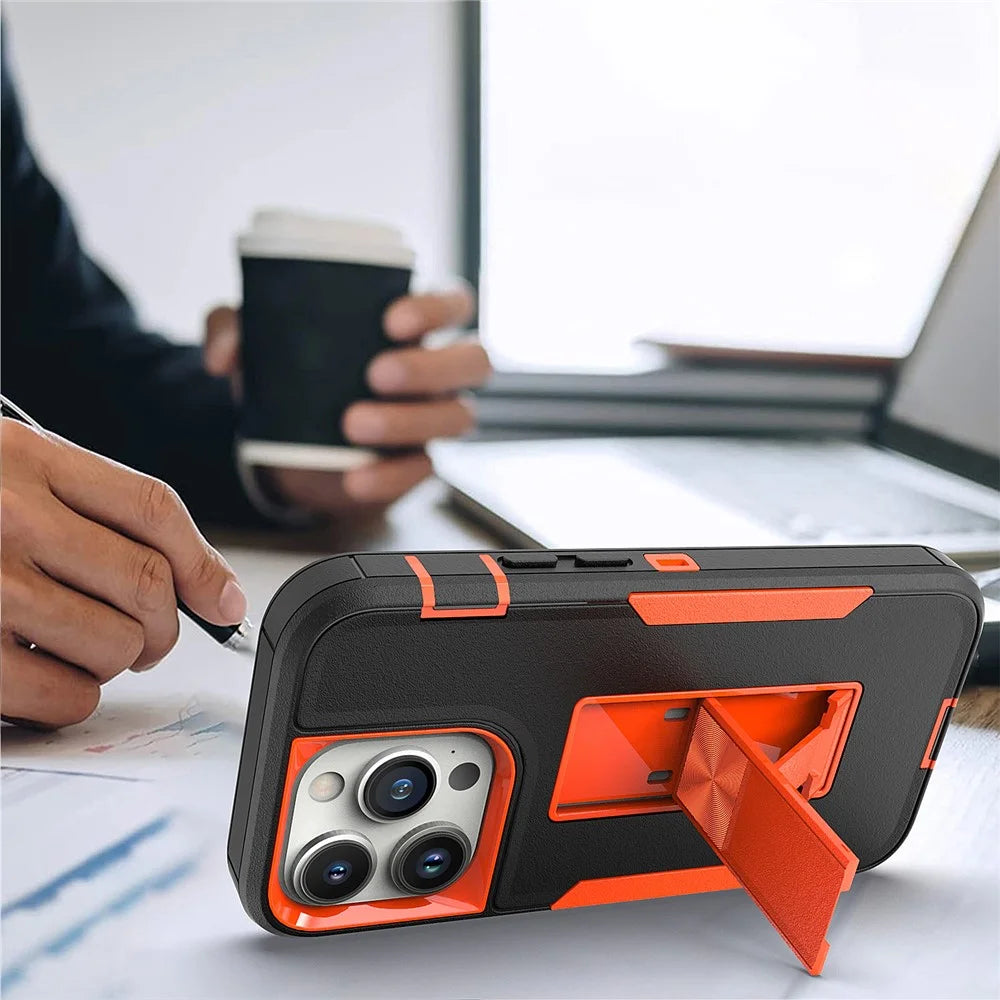 For iPhone 14 Pro Max Shockproof Kickstand Case TPU + PC Dual Layer Anti-Slip Defender Protective Phone Cover - Black / Orange - 2