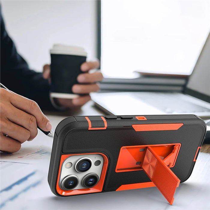 For iPhone 14 Pro Max Shockproof Kickstand Case TPU + PC Dual Layer Anti-Slip Defender Protective Phone Cover - Black / Orange - 2