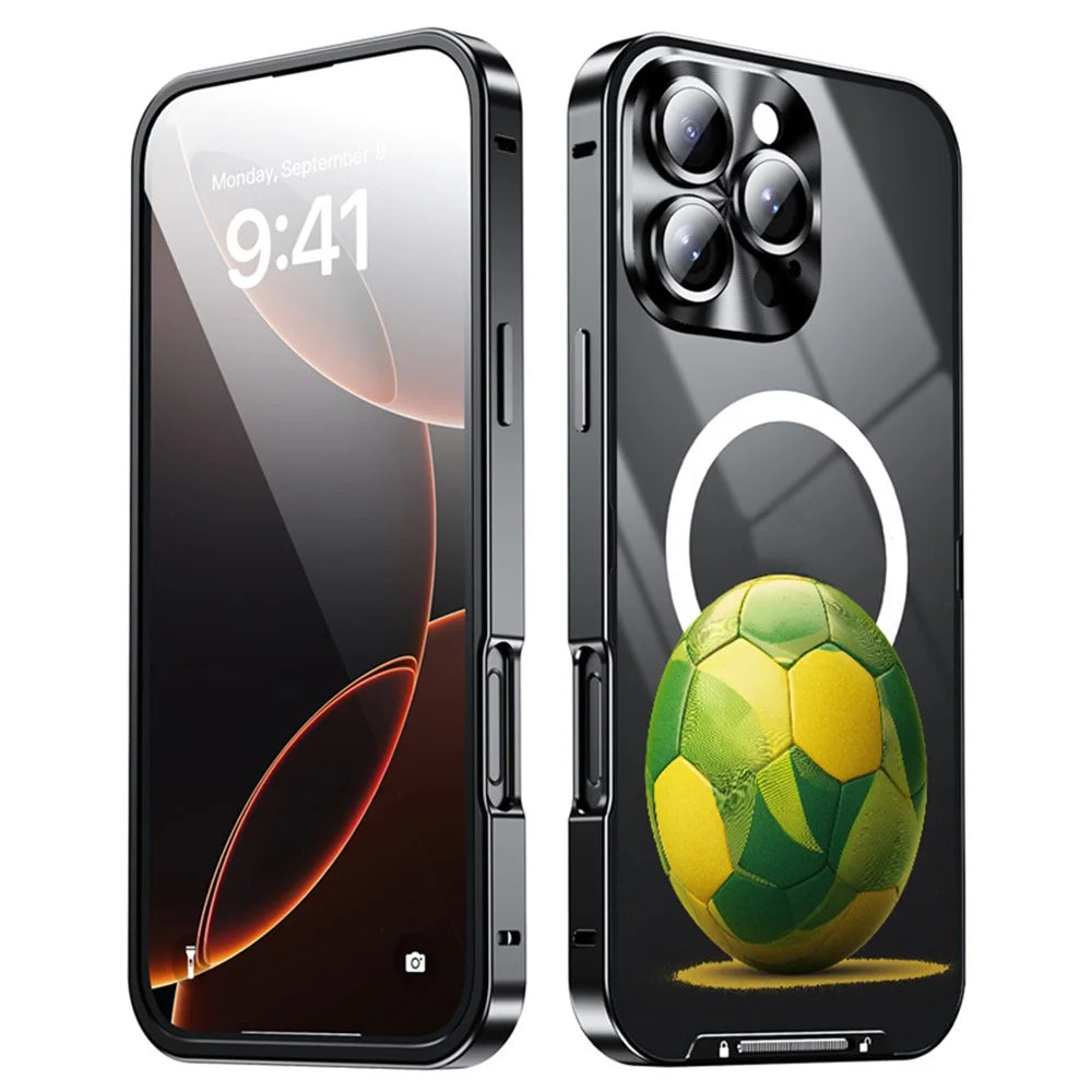 For iPhone 16 Pro Magnetic Case Football Print Pattern PC+TPU Phone Cover with Lens Film - LK00346-041 - 2