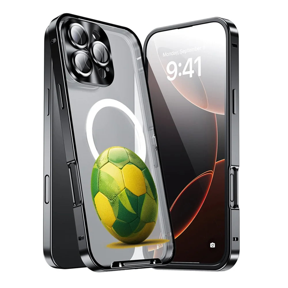 For iPhone 16 Pro Magnetic Case Football Print Pattern PC+TPU Phone Cover with Lens Film - LK00346-041 - 3