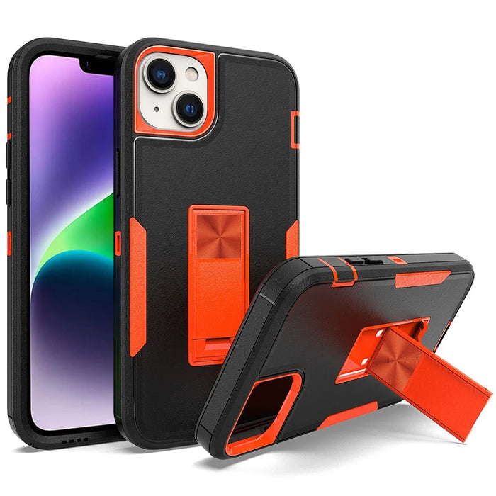 For iPhone 14 Plus Hybrid Hard PC Soft TPU Impact-Resistant Case Car Mount Kickstand Protective Phone Cover - Black / Orange - 1