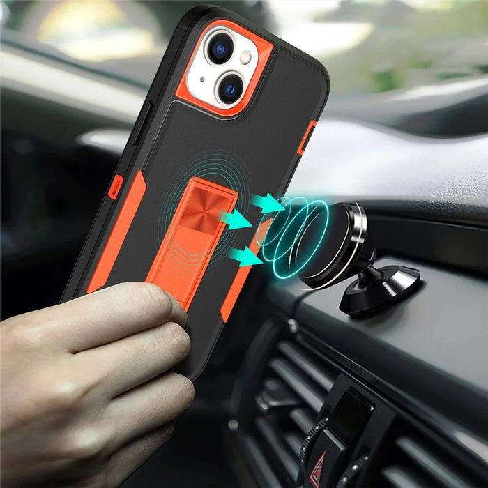 For iPhone 14 Plus Hybrid Hard PC Soft TPU Impact-Resistant Case Car Mount Kickstand Protective Phone Cover - Black / Orange - 2