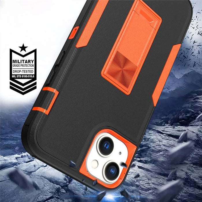 For iPhone 14 Plus Hybrid Hard PC Soft TPU Impact-Resistant Case Car Mount Kickstand Protective Phone Cover - Black / Orange - 4