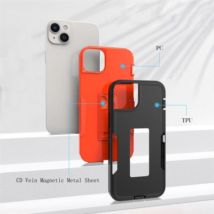 For iPhone 14 Plus Hybrid Hard PC Soft TPU Impact-Resistant Case Car Mount Kickstand Protective Phone Cover - Black / Orange - 5