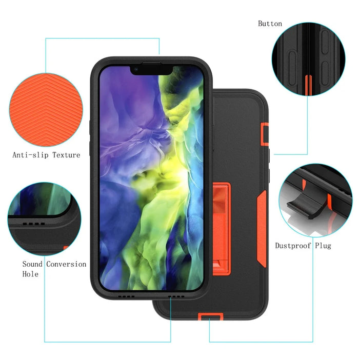 For iPhone 14 Plus Hybrid Hard PC Soft TPU Impact-Resistant Case Car Mount Kickstand Protective Phone Cover - Black / Orange - 7
