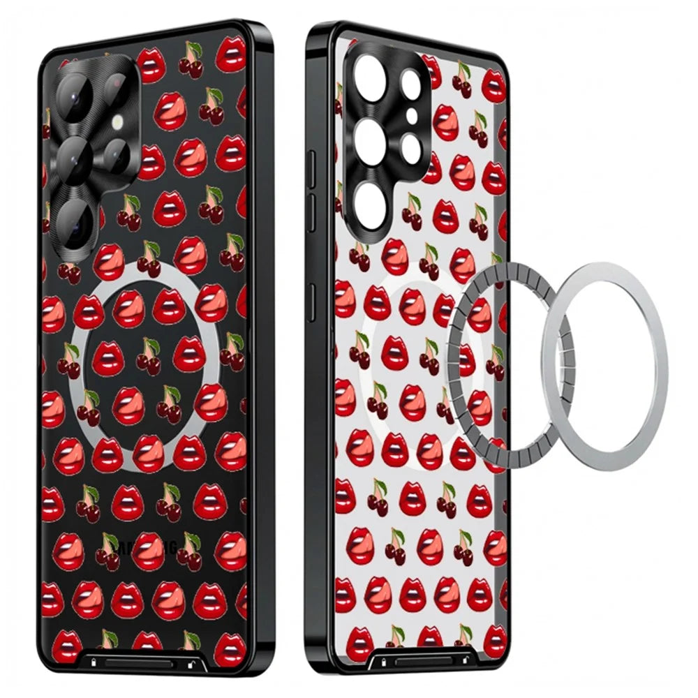 For Samsung Galaxy S24 Ultra Magnetic Case Red Lips Pattern PC TPU Phone Cover with Lens Film - LK00223-02 - 1