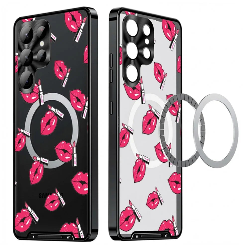 For Samsung Galaxy S23 Ultra Magnetic Case Red Lips Pattern PC TPU Phone Cover with Lens Film - LK00225-04 - 1