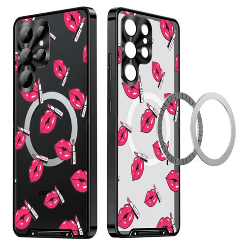 For Samsung Galaxy S23 Ultra Magnetic Case Red Lips Pattern PC TPU Phone Cover with Lens Film - LK00225-04 - 1