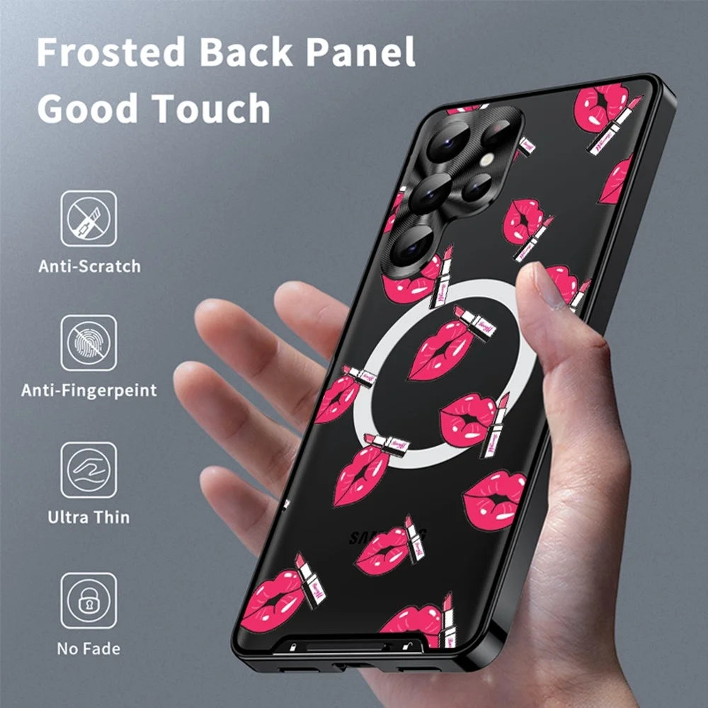 For Samsung Galaxy S23 Ultra Magnetic Case Red Lips Pattern PC TPU Phone Cover with Lens Film - LK00225-04 - 2