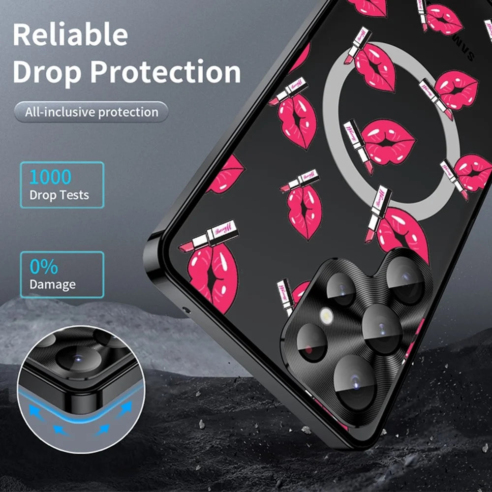 For Samsung Galaxy S23 Ultra Magnetic Case Red Lips Pattern PC TPU Phone Cover with Lens Film - LK00225-04 - 3