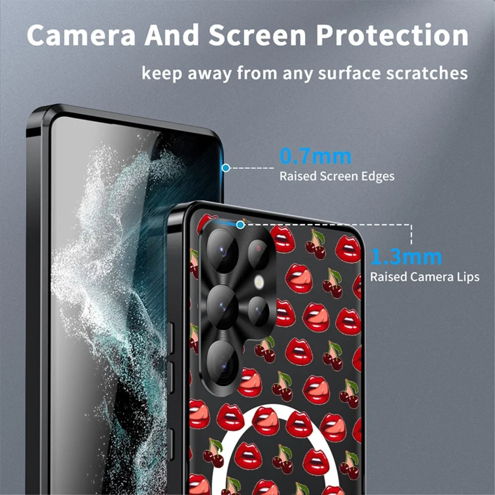 For Samsung Galaxy S22 Ultra 5G Magnetic Case Red Lips Pattern PC TPU Phone Cover with Lens Film - LK00223-02 - 4