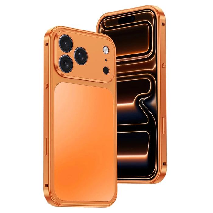For iPhone 17 Pro Max Magnetic Case Metal Frame PC Back Phone Cover with Pop-Up Buckle - Orange - 1