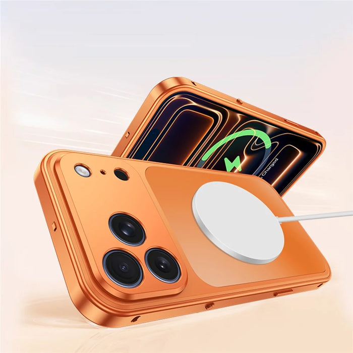 For iPhone 17 Pro Max Magnetic Case Metal Frame PC Back Phone Cover with Pop-Up Buckle - Orange - 3